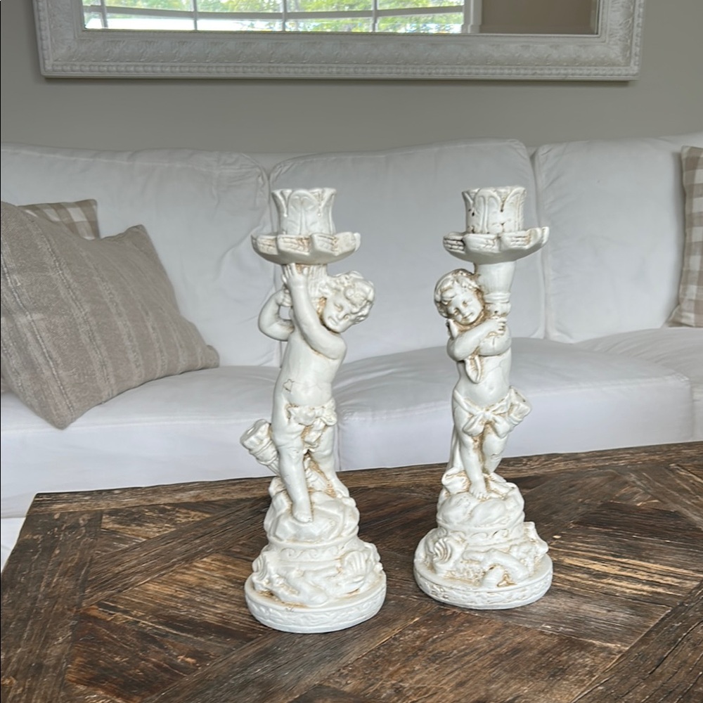 Shabby Chic Cream Cherub Candle Holders